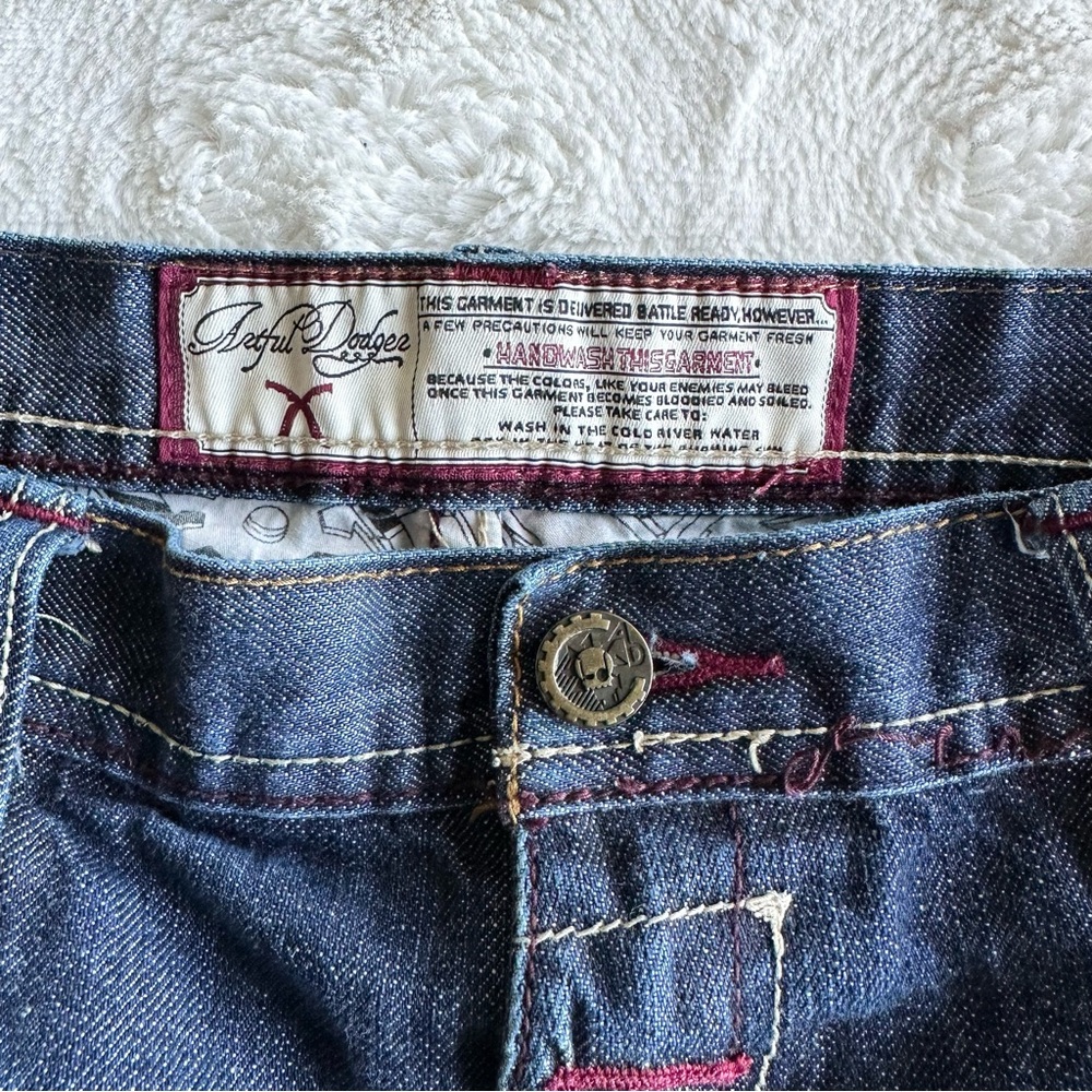 Artful Dodger Denim Shorts Jorts Mens 38 Blue Skull Embroidered Baggy Loose Y2K - Picture 10 of 13
